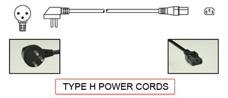 TYPE H Power cords are used in the following Countries:
<br>
Primary Country known for using TYPE H power cords is Israel.
<br>Additional Countries that use TYPE H power cords is Gaza Strip.

<br><font color="yellow">*</font> Additional Type H Electrical Devices:

<br><font color="yellow">*</font> <a href="https://internationalconfig.com/icc6.asp?item=TYPE-H-PLUGS" style="text-decoration: none">Type H Plugs</a> 

<br><font color="yellow">*</font> <a href="https://internationalconfig.com/icc6.asp?item=TYPE-H-CONNECTORS" style="text-decoration: none">Type H Connectors</a> 

<br><font color="yellow">*</font> <a href="https://internationalconfig.com/icc6.asp?item=TYPE-H-OUTLETS" style="text-decoration: none">Type H Outlets</a> 

<br><font color="yellow">*</font> <a href="https://internationalconfig.com/icc6.asp?item=TYPE-H-POWER-STRIPS" style="text-decoration: none">Type H Power Strips</a>

<br><font color="yellow">*</font> <a href="https://internationalconfig.com/icc6.asp?item=TYPE-H-ADAPTERS" style="text-decoration: none">Type H Adapters</a>

<br><font color="yellow">*</font> <a href="https://internationalconfig.com/worldwide-electrical-devices-selector-and-electrical-configuration-chart.asp" style="text-decoration: none">Worldwide Selector. All Countries by TYPE.</a>

<br>View examples of TYPE H power cords below.